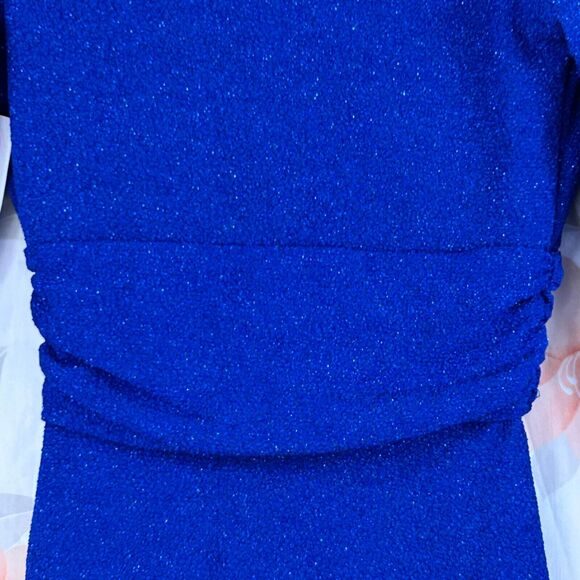 Symphony Ruched Dress Womens Small Blue Lights Down Low Glitter V Neck Plunge - Picture 8 of 14